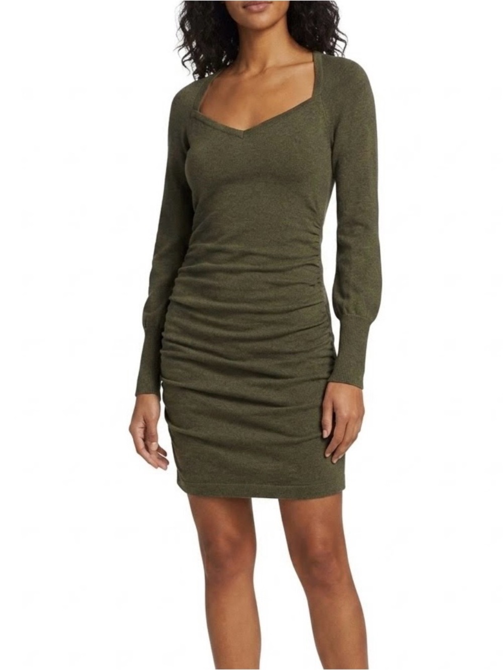 Moda International Olive Green Ruched Knit Sweater Dress Size S 100% cotton 417